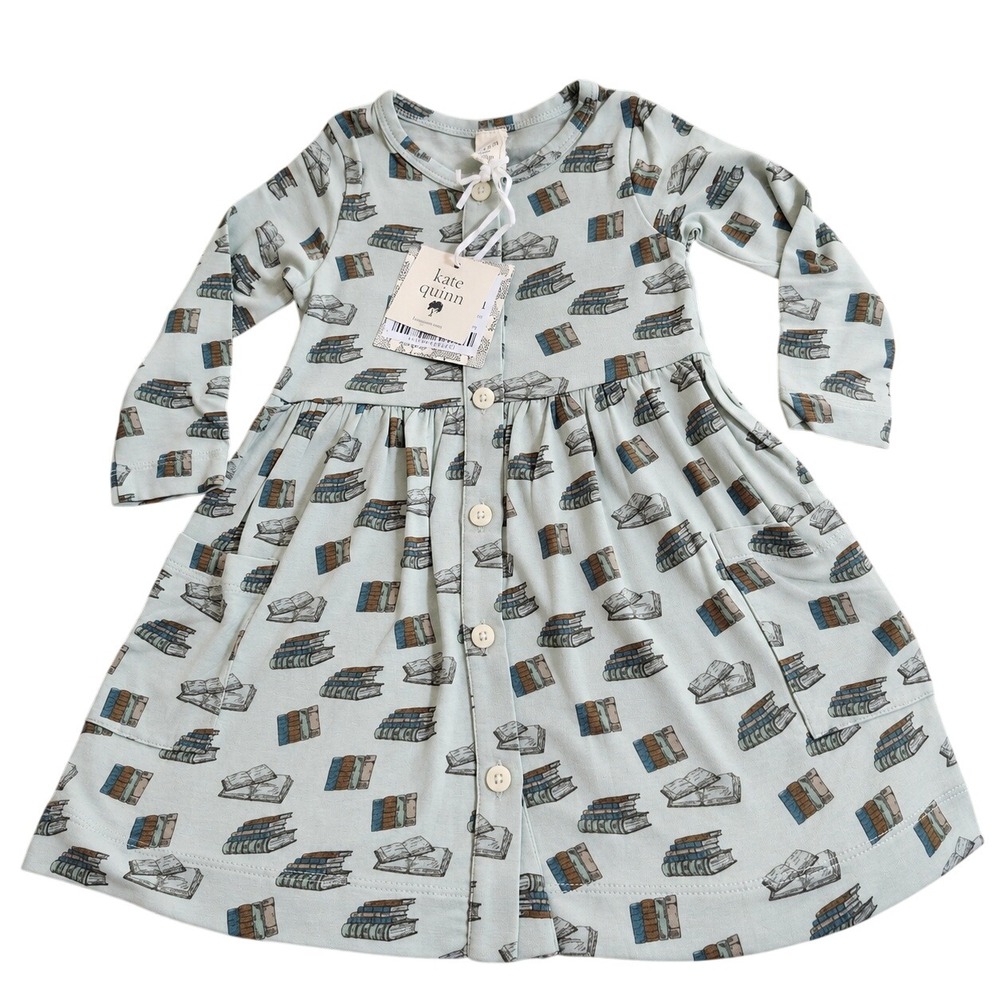 NEW Kate Quinn Multi Books Long Sleeve Button Front Pocket Dress 12-18M